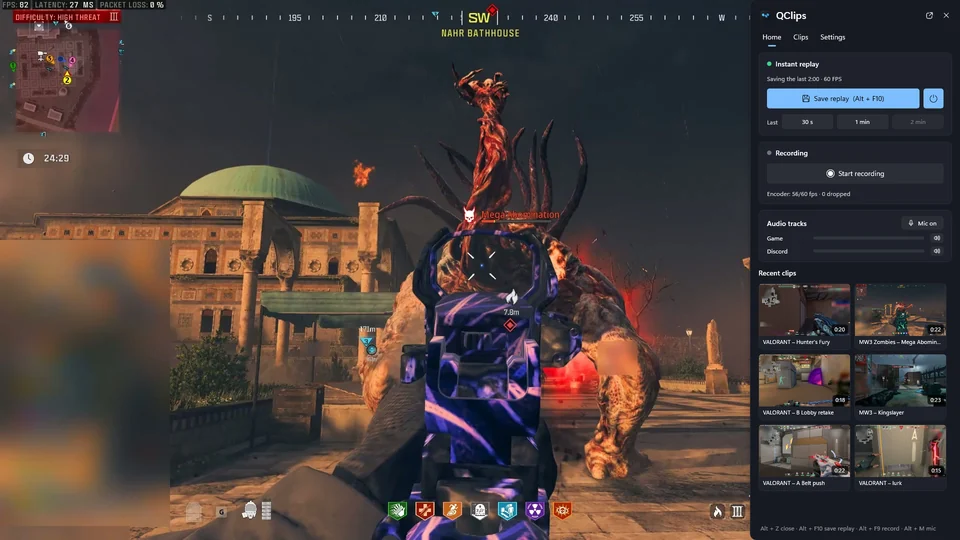 The Alt+Z panel open on the right edge of the screen over Call of Duty: Modern Warfare III Zombies, with Instant replay, Recording, Audio tracks and Recent clips.