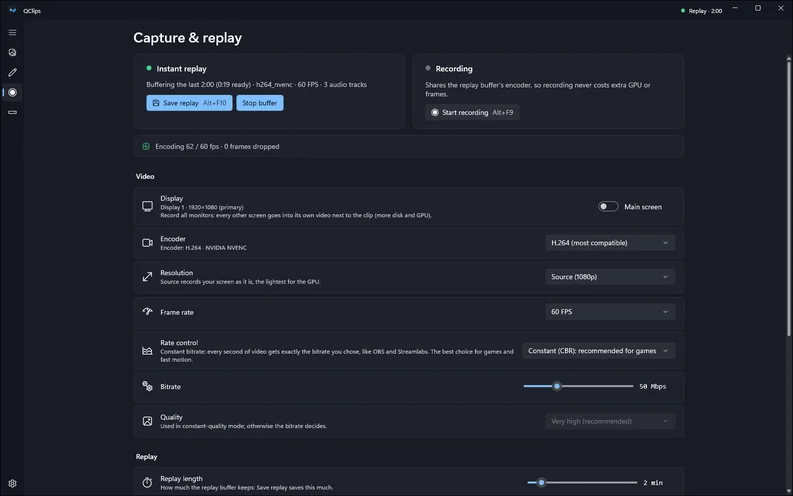 The Capture and replay page with Instant replay on and the video settings.